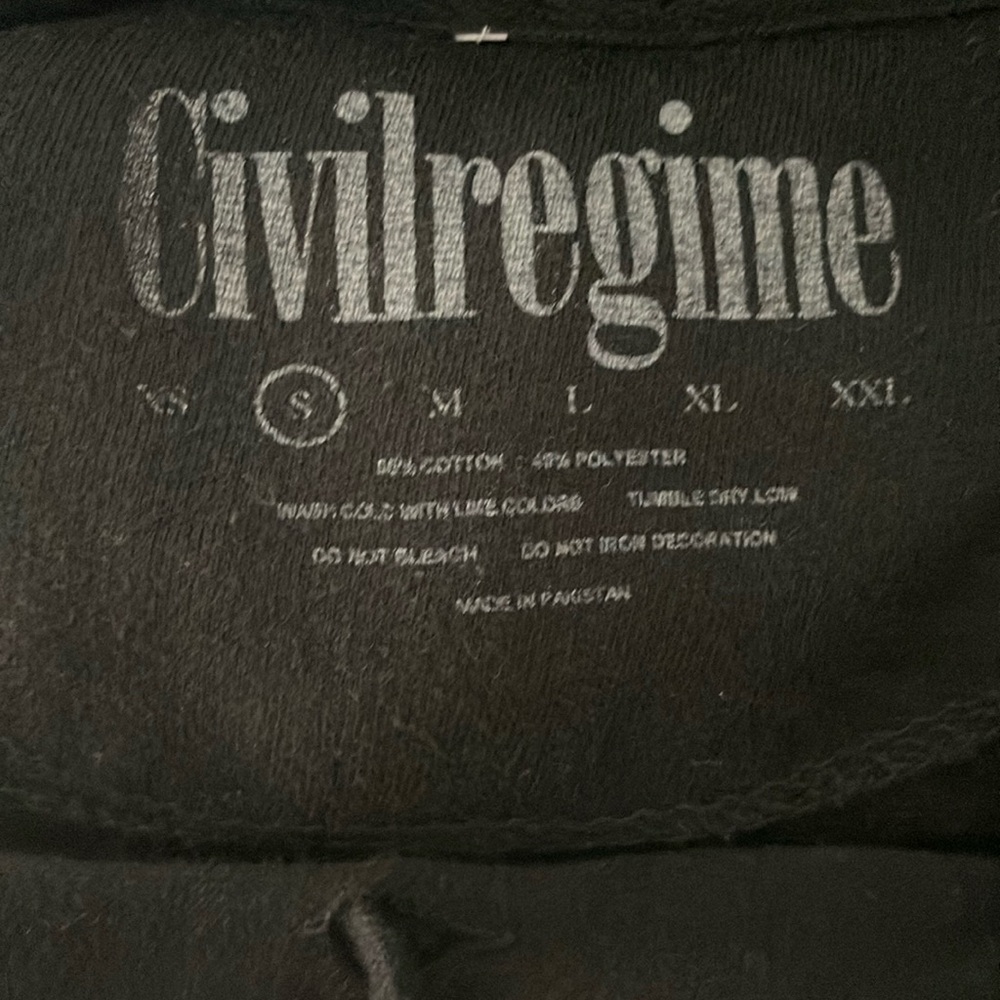 Civilregime hoodie, black, size small, art detail in cream.